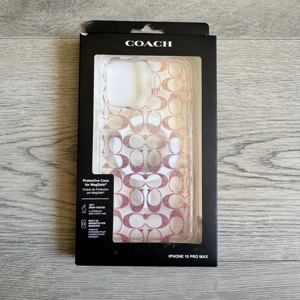 Coach for iPhone 15 Pro Max MagSafe Case‎ Rose Gold Glitter Signature Logo Clear